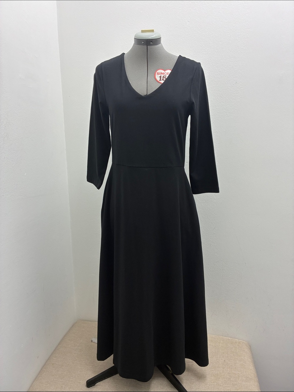 Pact Organic Cotton Black V-Neck Long Sleeve A-Line Maxi Dress